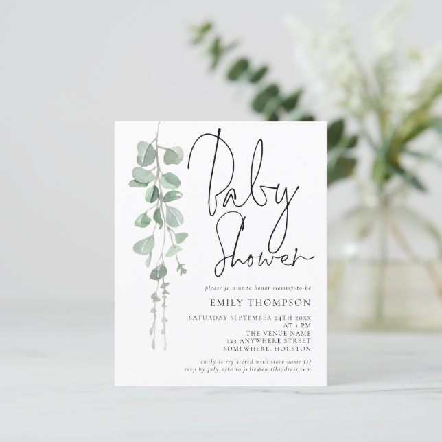 Invitation de Baby shower Eucalyptus Script Budget (Debout devant)