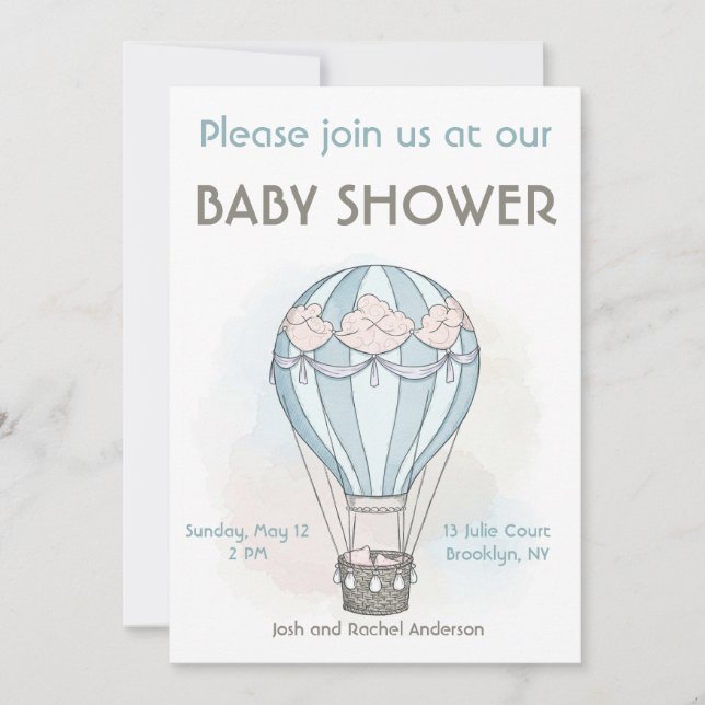 Invitation de baby shower fantaisiste en montgolfi (Devant)
