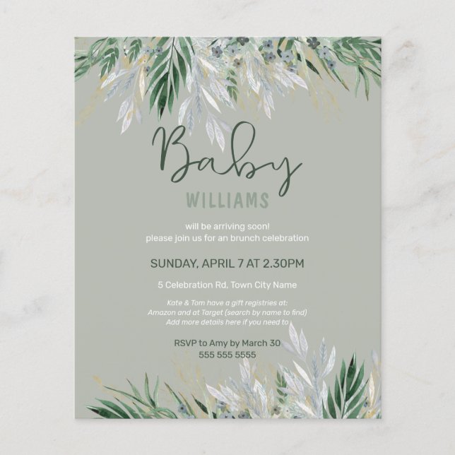 Invitation de Baby shower Feuille du budget Sage G (Devant)