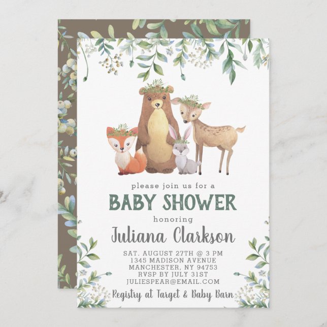 Invitation de Baby shower Feuille Woodland (Devant / Derrière)