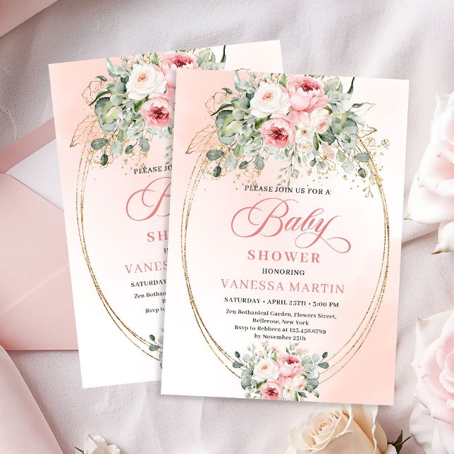 Invitation de Baby Shower Fille à Fleurs de Greene (Trendy Blush Floral Greenery Baby Shower Invite Girl)