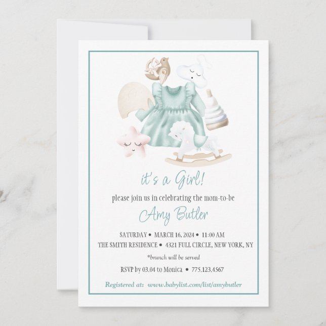 Invitation de baby shower fille à l'aquarelle vert (Devant)