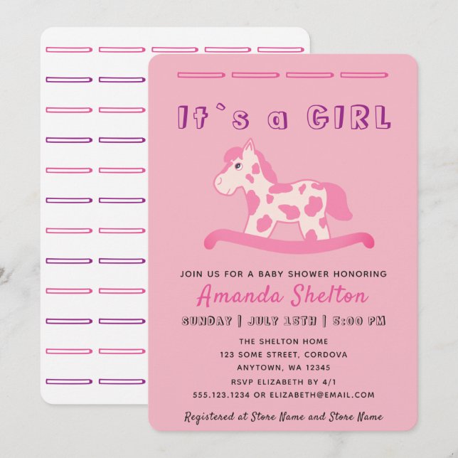 Invitation de Baby Shower Fille au Cheval à Bascul (Devant / Derrière)