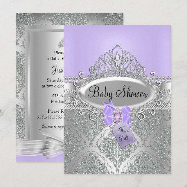 Invitation de Baby Shower Fille au Damassé Violet  (Devant / Derrière)