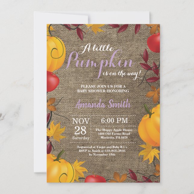 Invitation de Baby Shower fille automne citrouille (Devant)