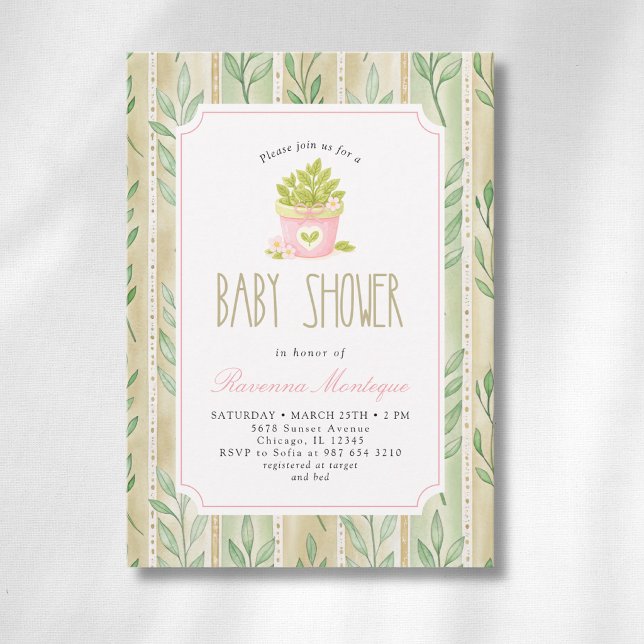 Invitation de Baby Shower Fille aux Feuilles Rayée (Créateur téléchargé)