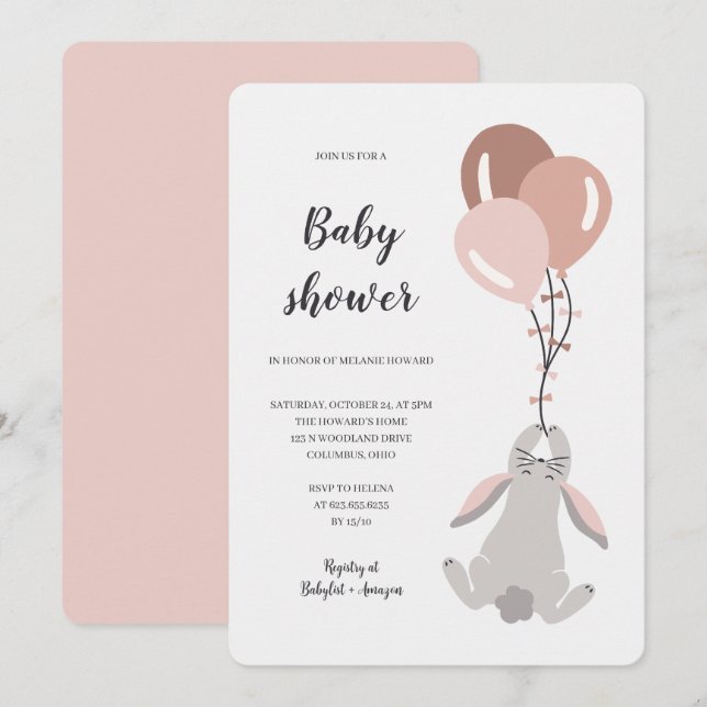 Invitation de baby shower fille avec illustration  (Devant / Derrière)