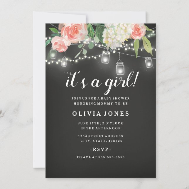 Invitation de Baby Shower Fille avec tableau noir  (Devant)