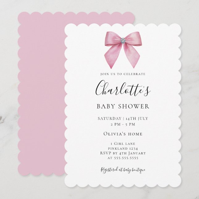 Invitation de Baby Shower Fille avec un joli nœud  (Devant / Derrière)