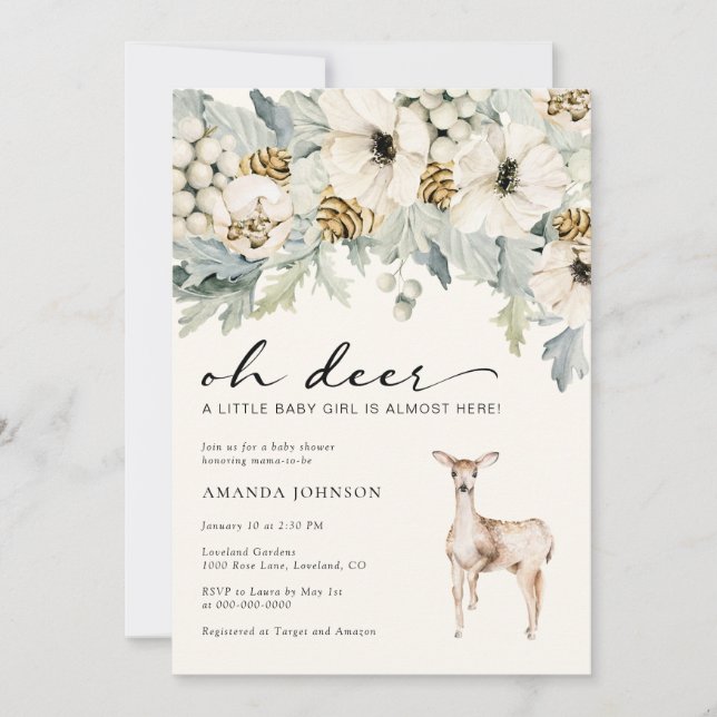 Invitation de Baby Shower Fille Cerf Élégante (Devant)