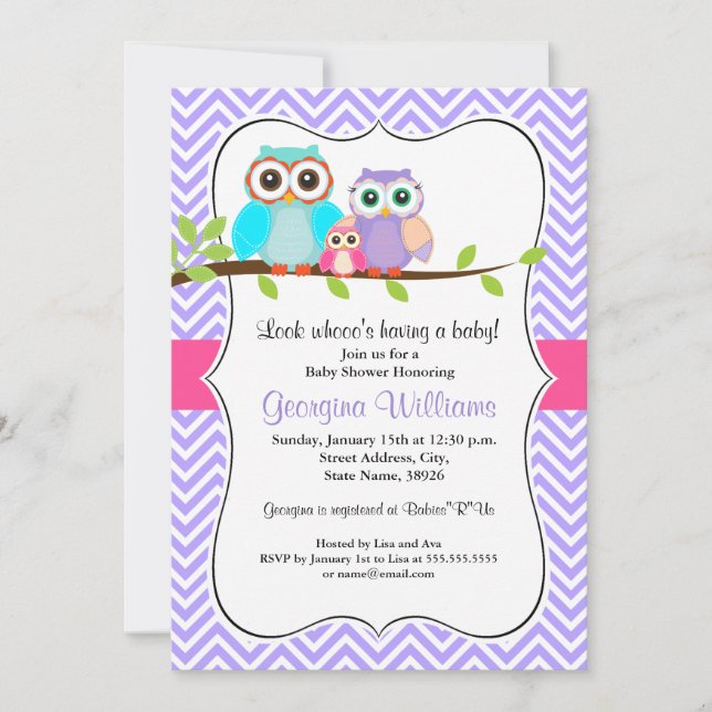 Invitation de Baby Shower Fille Chouette Mignonne  (Devant)