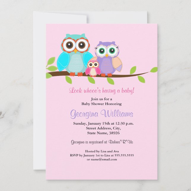 Invitation de Baby Shower Fille Chouette Mignonne  (Devant)