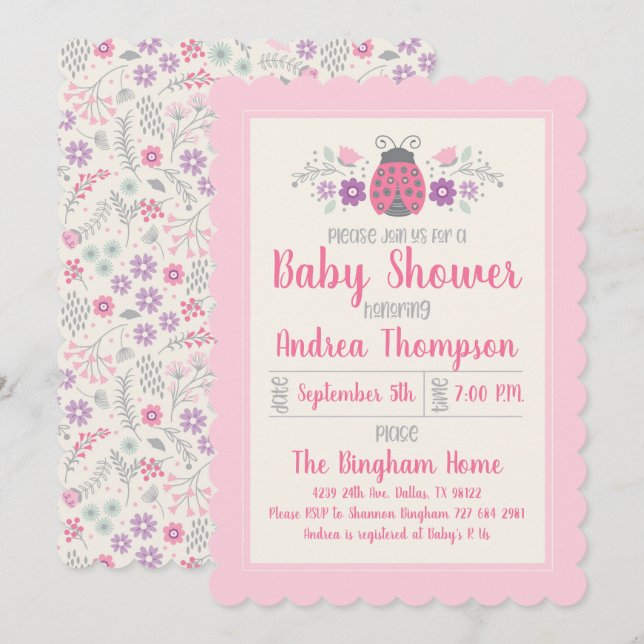 Invitation de Baby shower fille de coccinelle rose (Devant / Derrière)