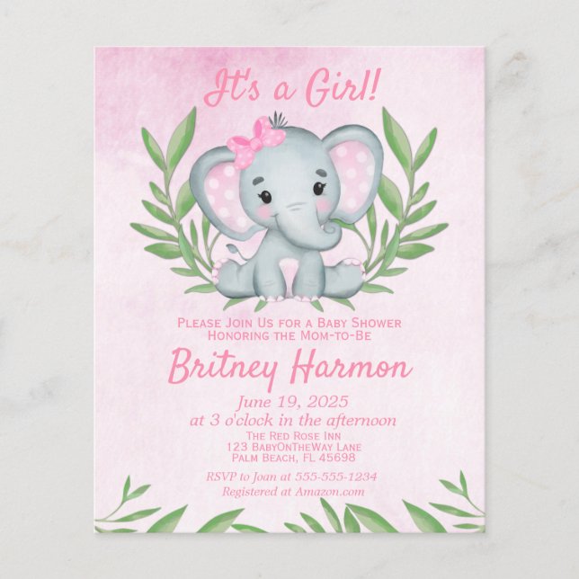 Invitation de Baby Shower Fille Éléphant Rose à pe (Devant)