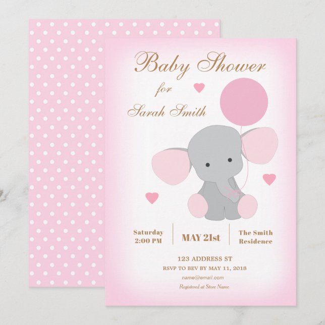 Invitation de Baby Shower Fille Éléphant Rose Conf (Devant / Derrière)