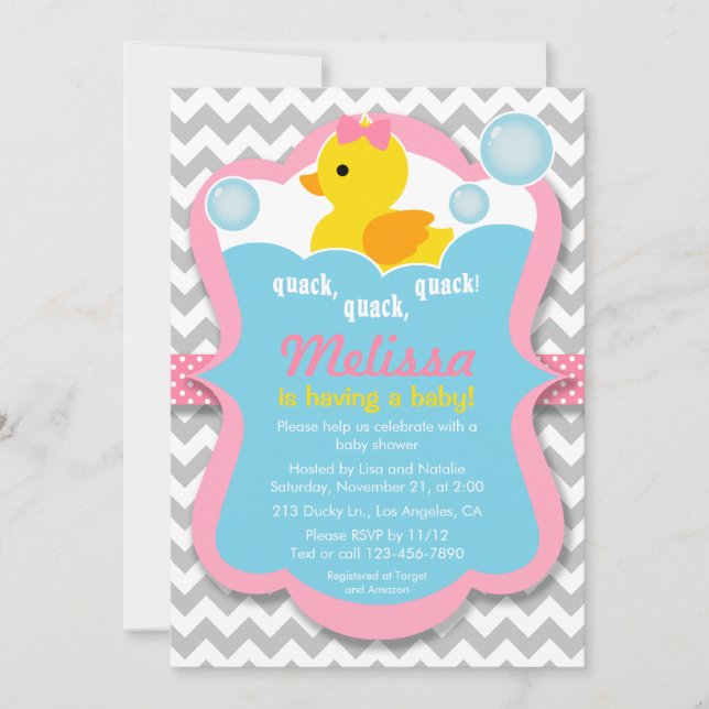 Invitation de Baby shower fille en caoutchouc de Q (Devant)