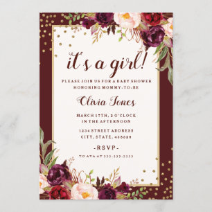 Invitation de Baby Shower Fille en Or Floral Bourg
