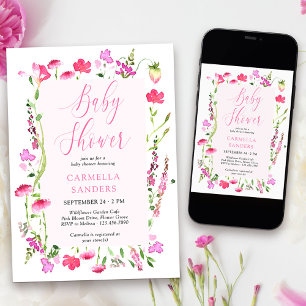 Invitation de Baby Shower Fille Fleur Sauvage Rose