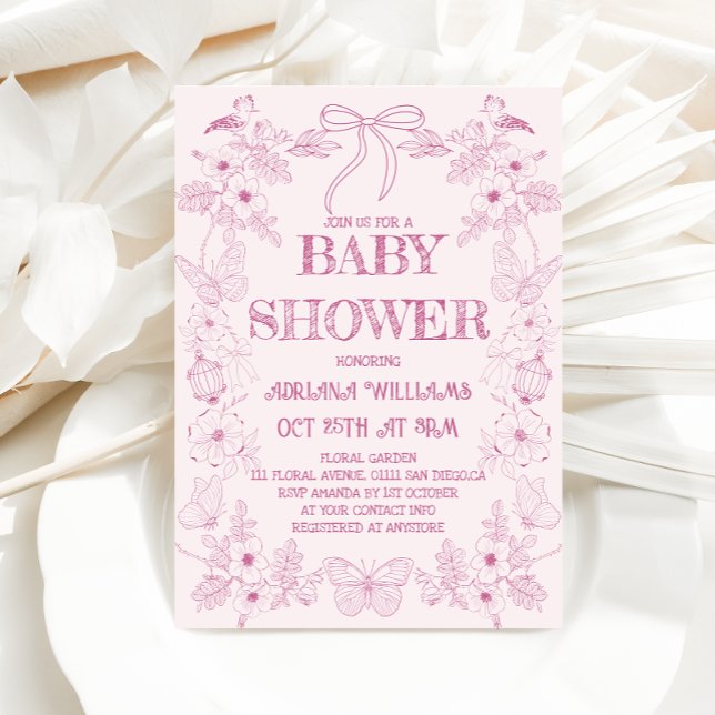 Invitation de Baby Shower Fille Fleurie Toile Rose (Créateur téléchargé)