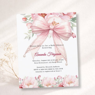 Invitation de Baby Shower fille fleurs ruban rose