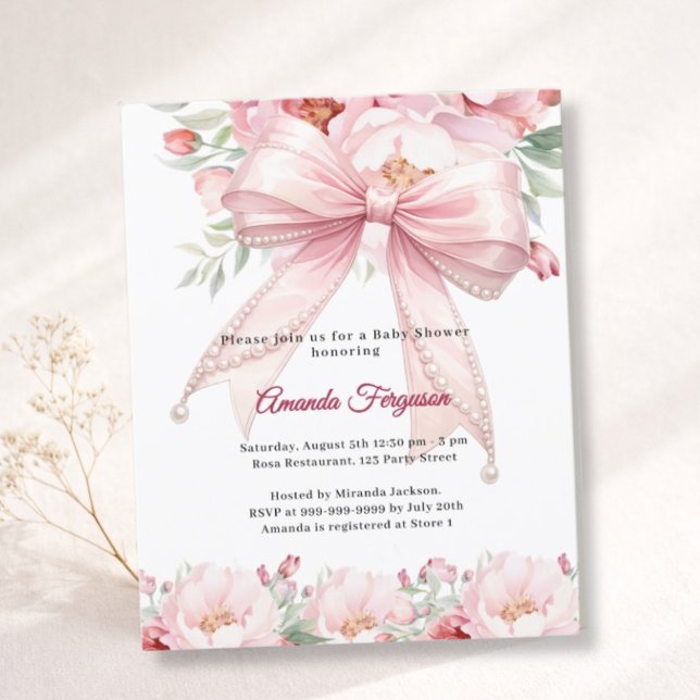 Invitation de Baby Shower fille fleurs ruban rose (Créateur téléchargé)