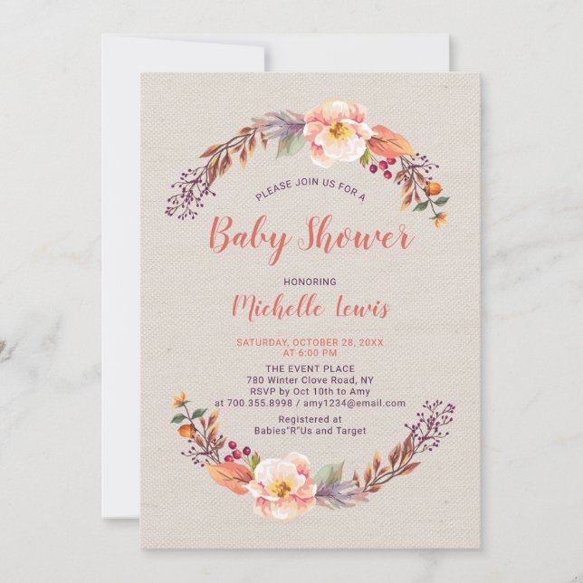 Invitation de Baby Shower Fille Florale Burlap Aut (Devant)