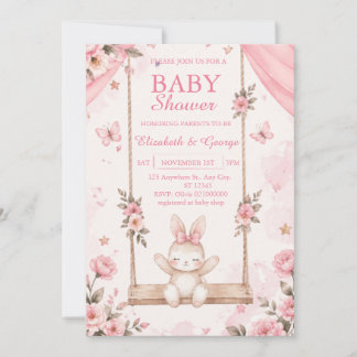 Invitation de Baby Shower Fille Lapin Boho Rose
