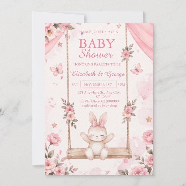 Invitation de Baby Shower Fille Lapin Boho Rose (Devant)