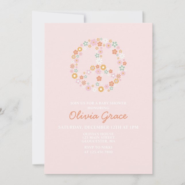 Invitation de Baby Shower Fille Rétro Rose Fleur d (Devant)