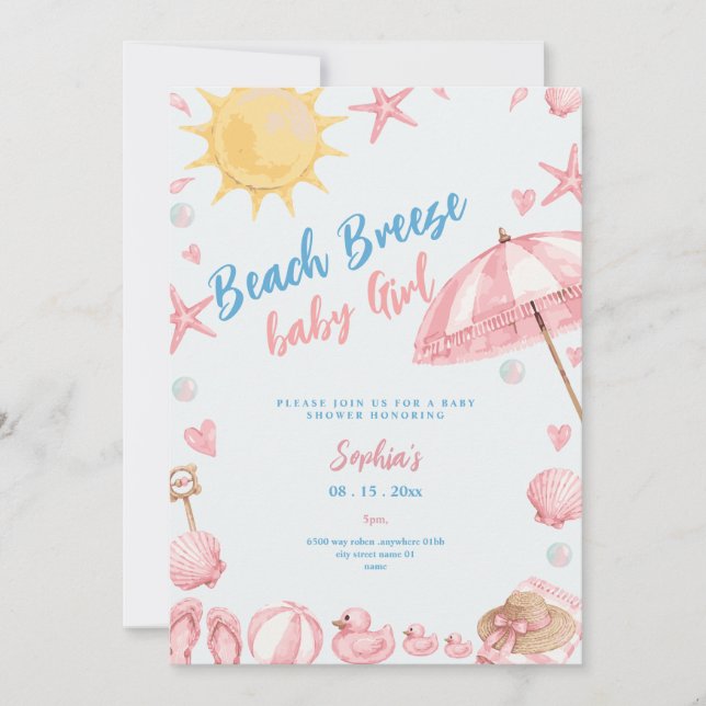 Invitation de baby shower fille rose brise de plag (Devant)