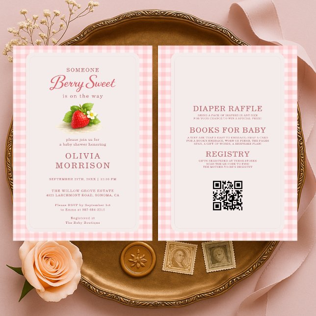 Invitation de Baby Shower Fille Tout en Un Gingham (Créateur téléchargé)