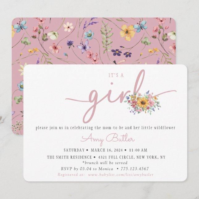 Invitation de baby shower Fleur des champs rose (Devant / Derrière)