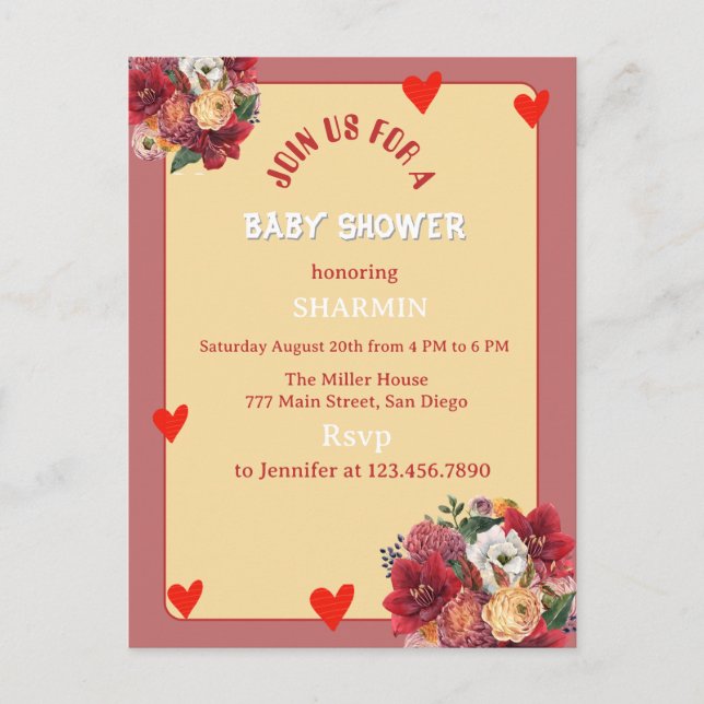 Invitation de Baby Shower Fleur et Cœur (Devant)