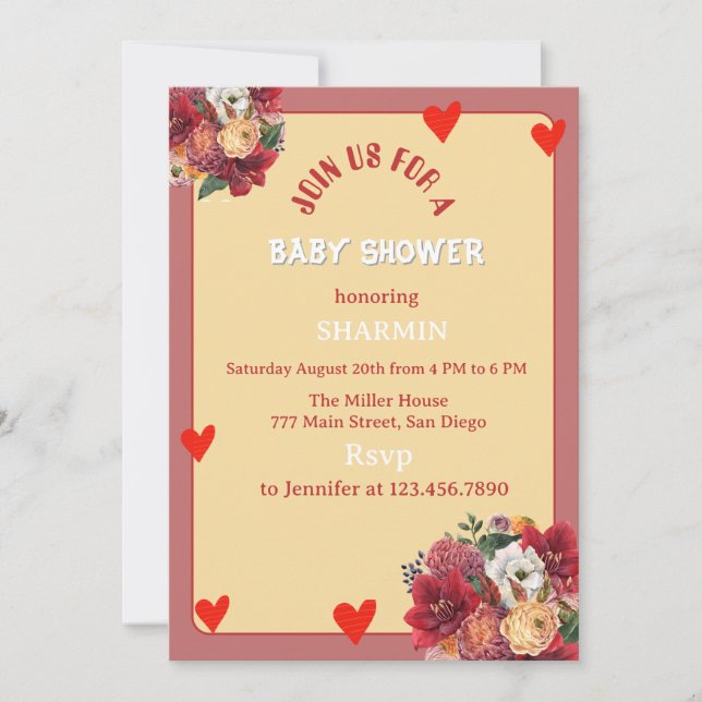 Invitation de Baby Shower Fleur et Cœur (Devant)