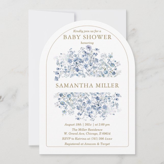 Invitation de Baby shower Fleur sauvage bleu Dusty (Devant)