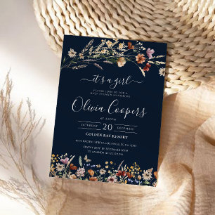 Invitation de Baby shower Fleur sauvage bleu mince