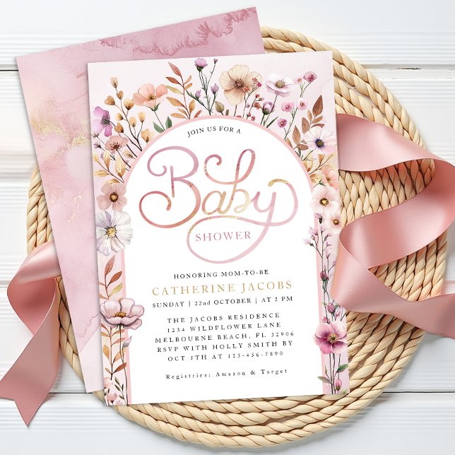 Invitation de Baby shower Fleur sauvage rose Dusty (Wildflower Baby Shower Invitation)