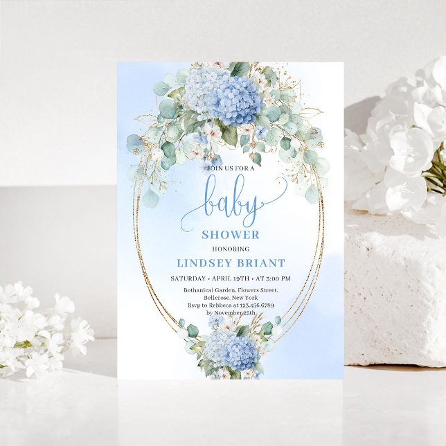 Invitation de baby shower Fleurie Bleue Douce avec (Soft Blue Floral Baby Shower Invitation Gold)