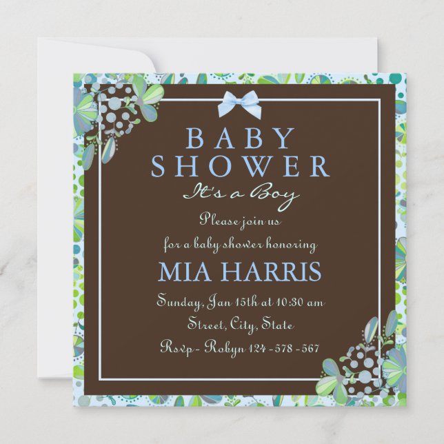 Invitation de baby shower fleurie luxuriante bleue (Devant)
