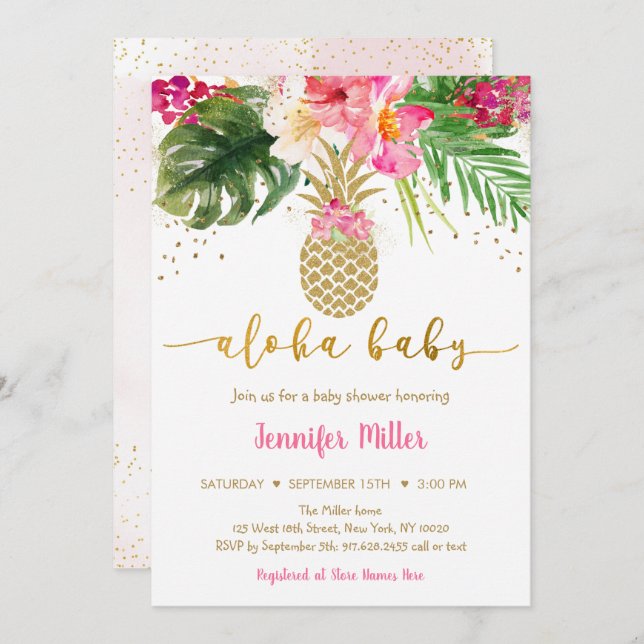 Invitation de Baby Shower Fleurie Or Rose Ananas (Devant / Derrière)