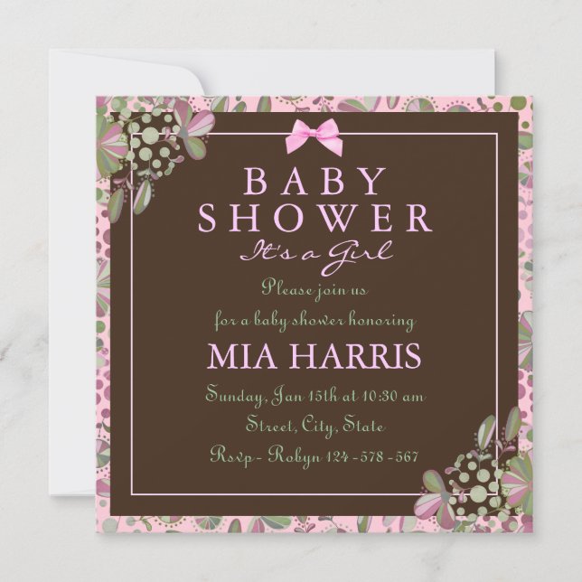 Invitation de Baby Shower Fleurie Rose et Verte Lu (Devant)