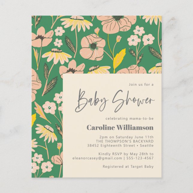 Invitation de Baby Shower Fleurie Verte Rose Migno (Devant)