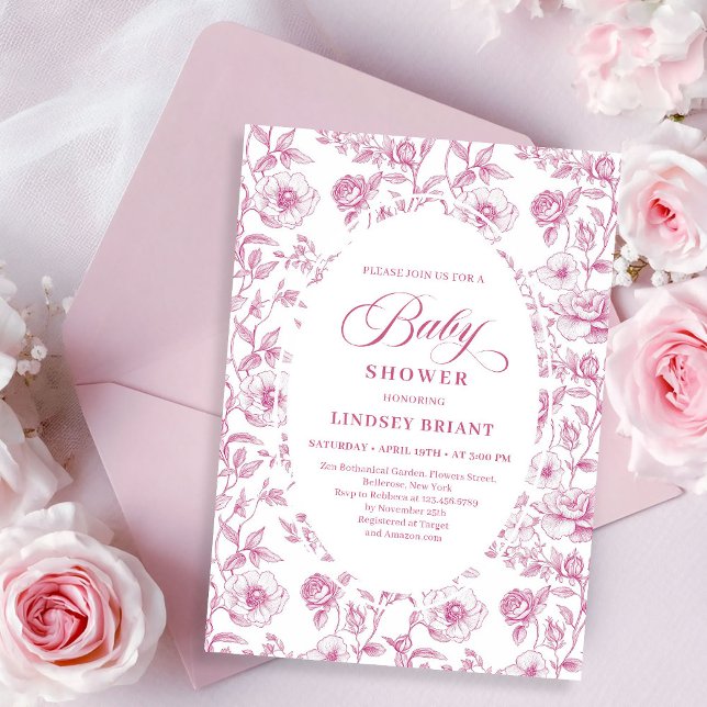 Invitation de Baby Shower Fleurs de Toile de Jouy  (French Toile Roses Dusty Pink Baby Shower Invitation)
