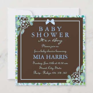 Invitation de Baby shower Floral bleu et vert