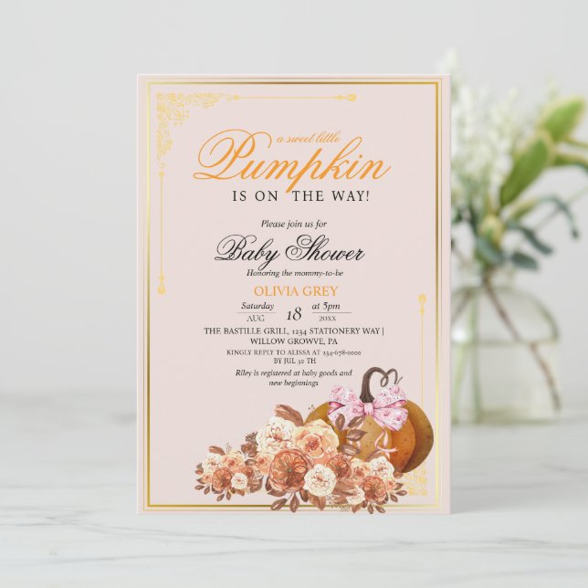 Invitation de Baby shower Floral Citrouille or ora (Debout devant)