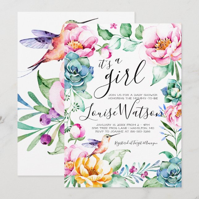 Invitation de Baby Shower Floral Colibri (Devant / Derrière)