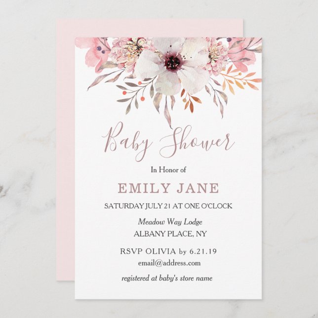 Invitation de Baby shower floral couleur rose pâle (Devant / Derrière)