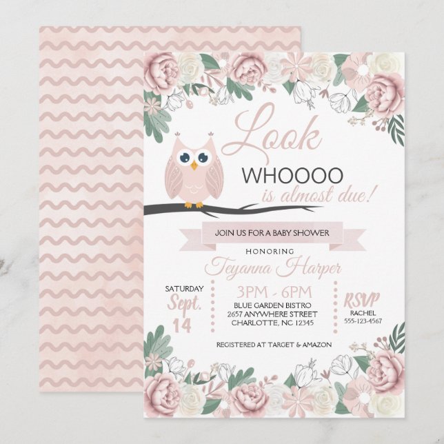 Invitation de Baby shower Floral de Chouette rose (Devant / Derrière)