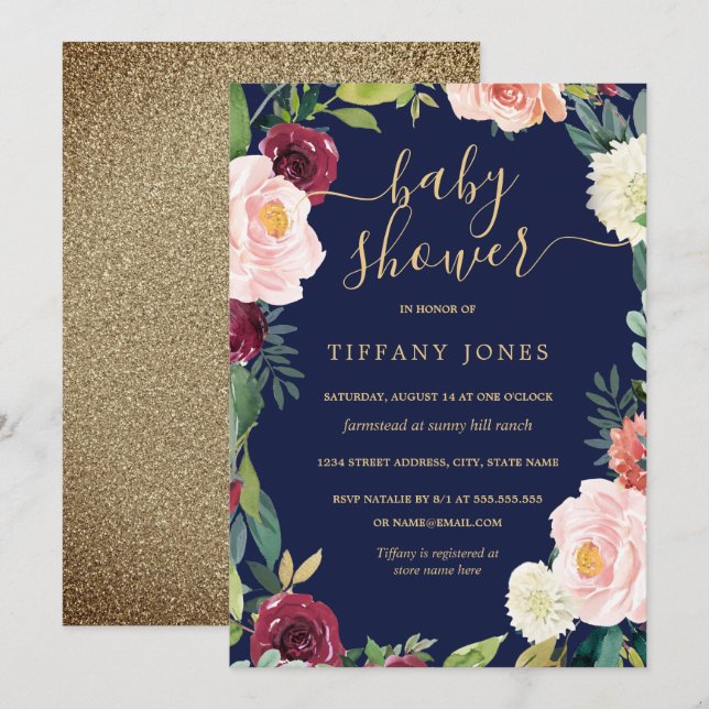 Invitation de Baby shower Floral de la Marine Gold (Devant / Derrière)