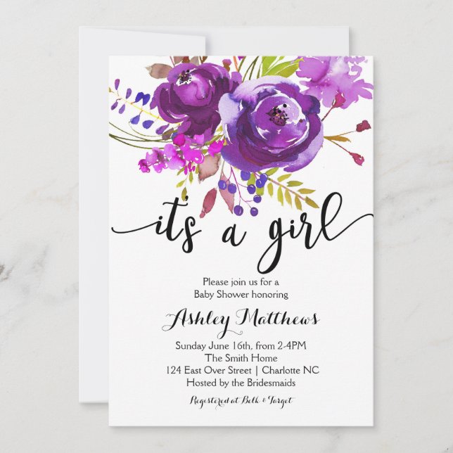 Invitation de Baby shower Floral de lavande violet (Devant)